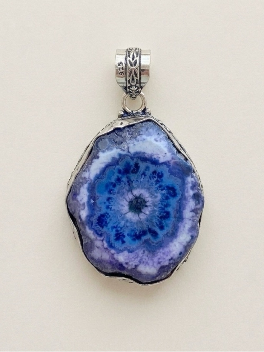 Blue Agate Slice Pendant in Sterling Silver